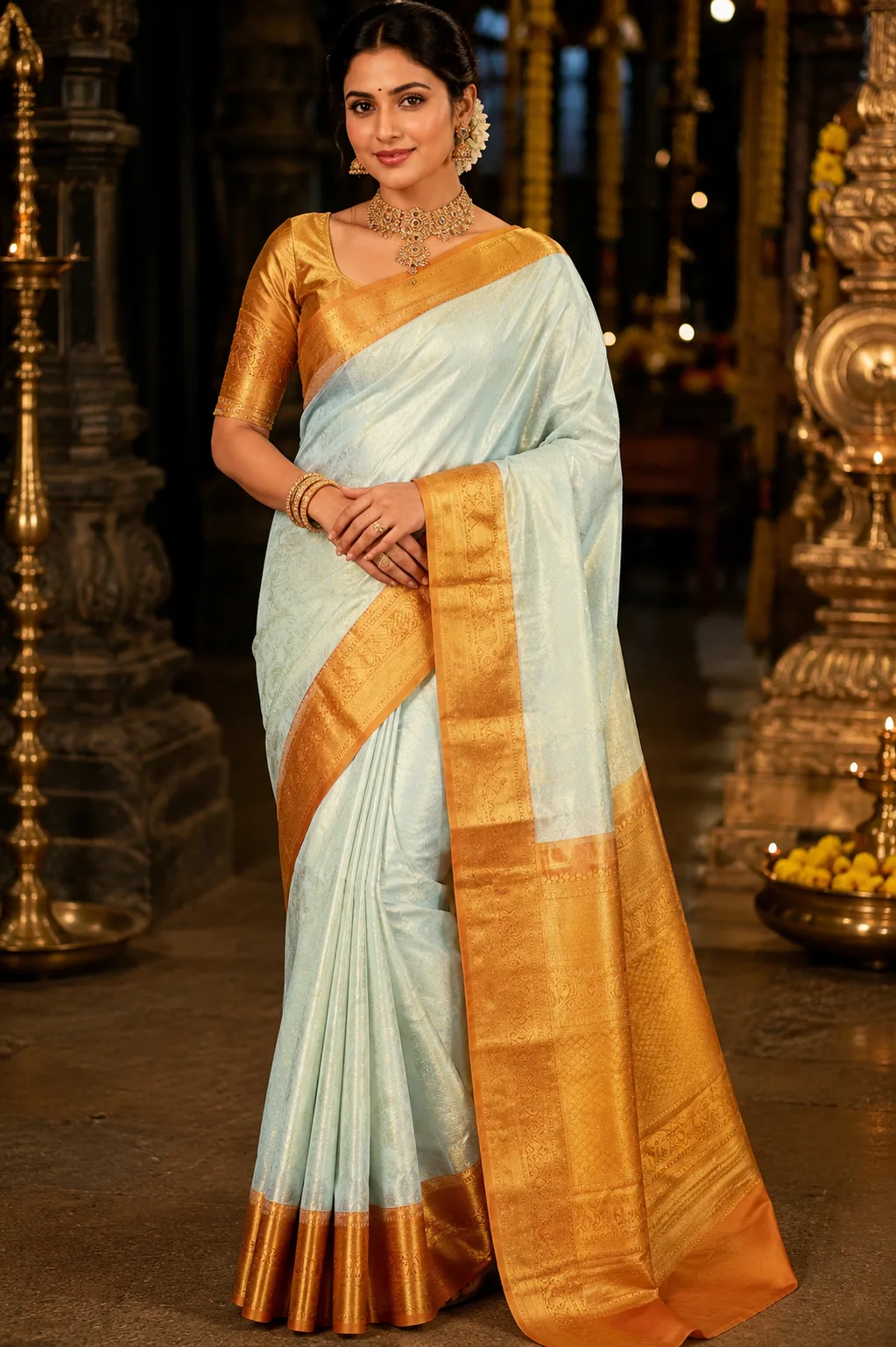 Ice Blue Brocade Zari Pure Tissue Silk Saree