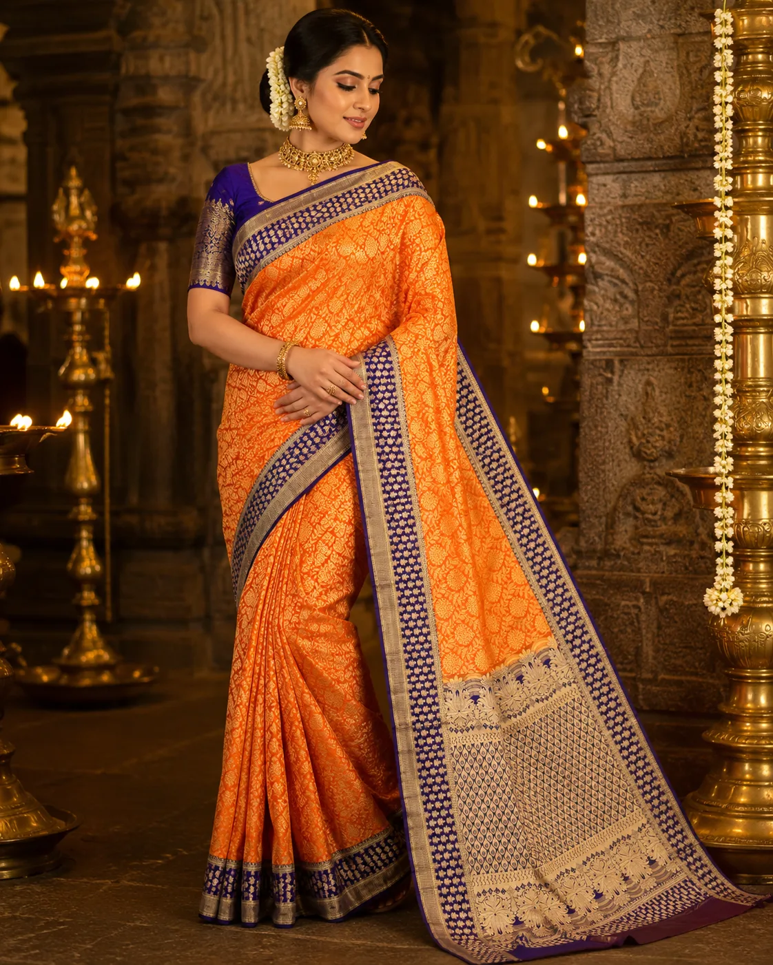 Bright Orange  Brocade Pure Silk Saree with Contras Border