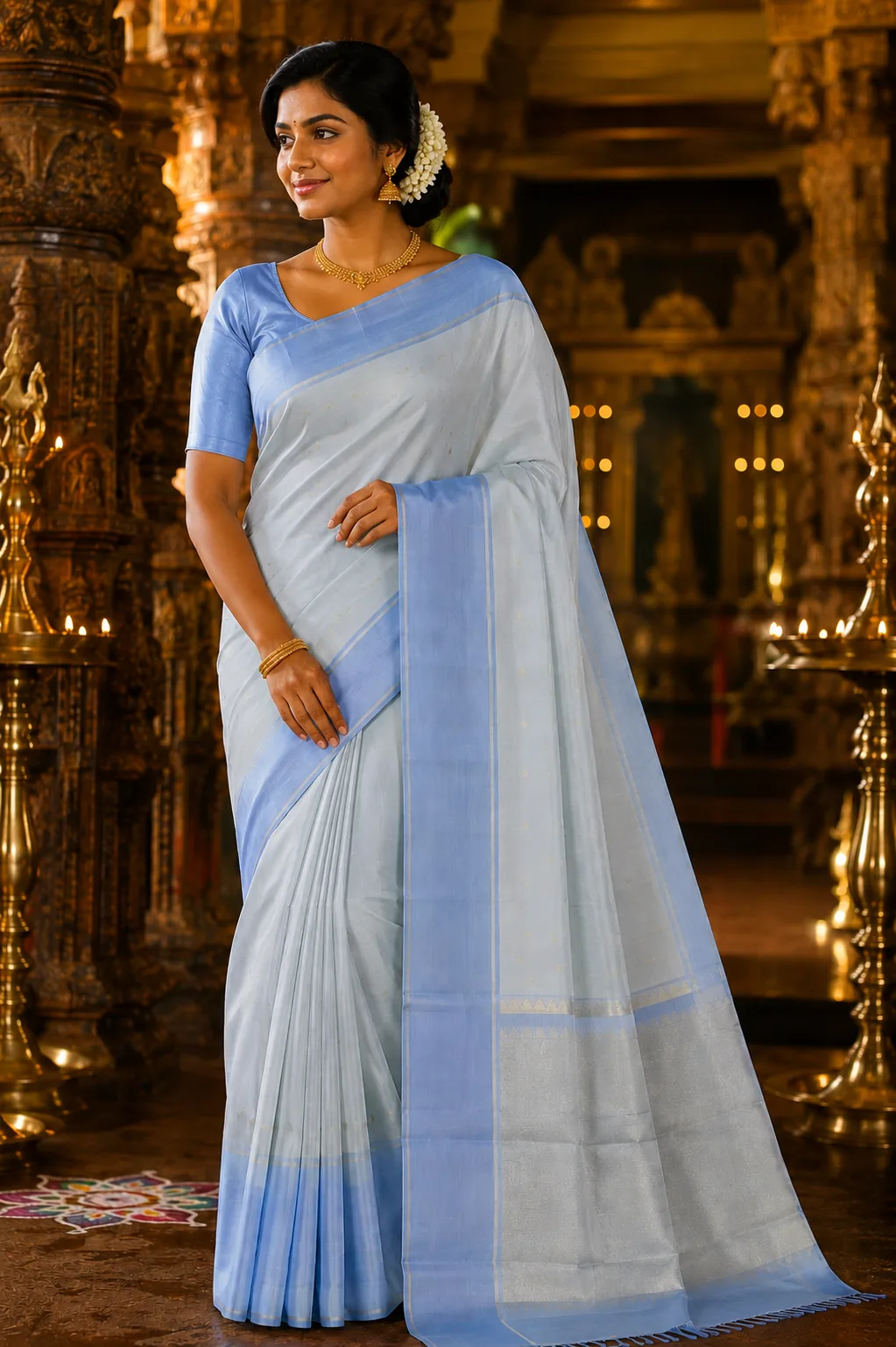 Ice Blue Butta Checked Pure Silk Saree