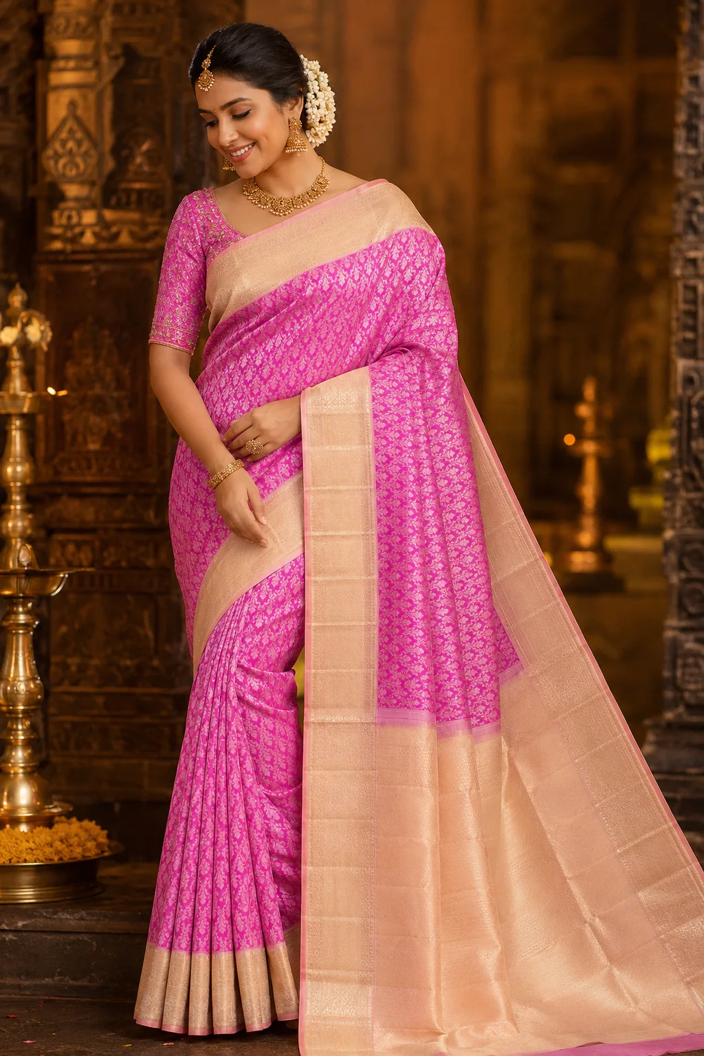 Rani Pink Brocade Pure Silk Saree with Contras Border