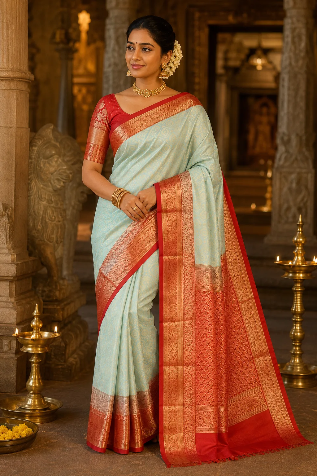 Ice Blue Brocade Pure Silk Saree with Contras Border