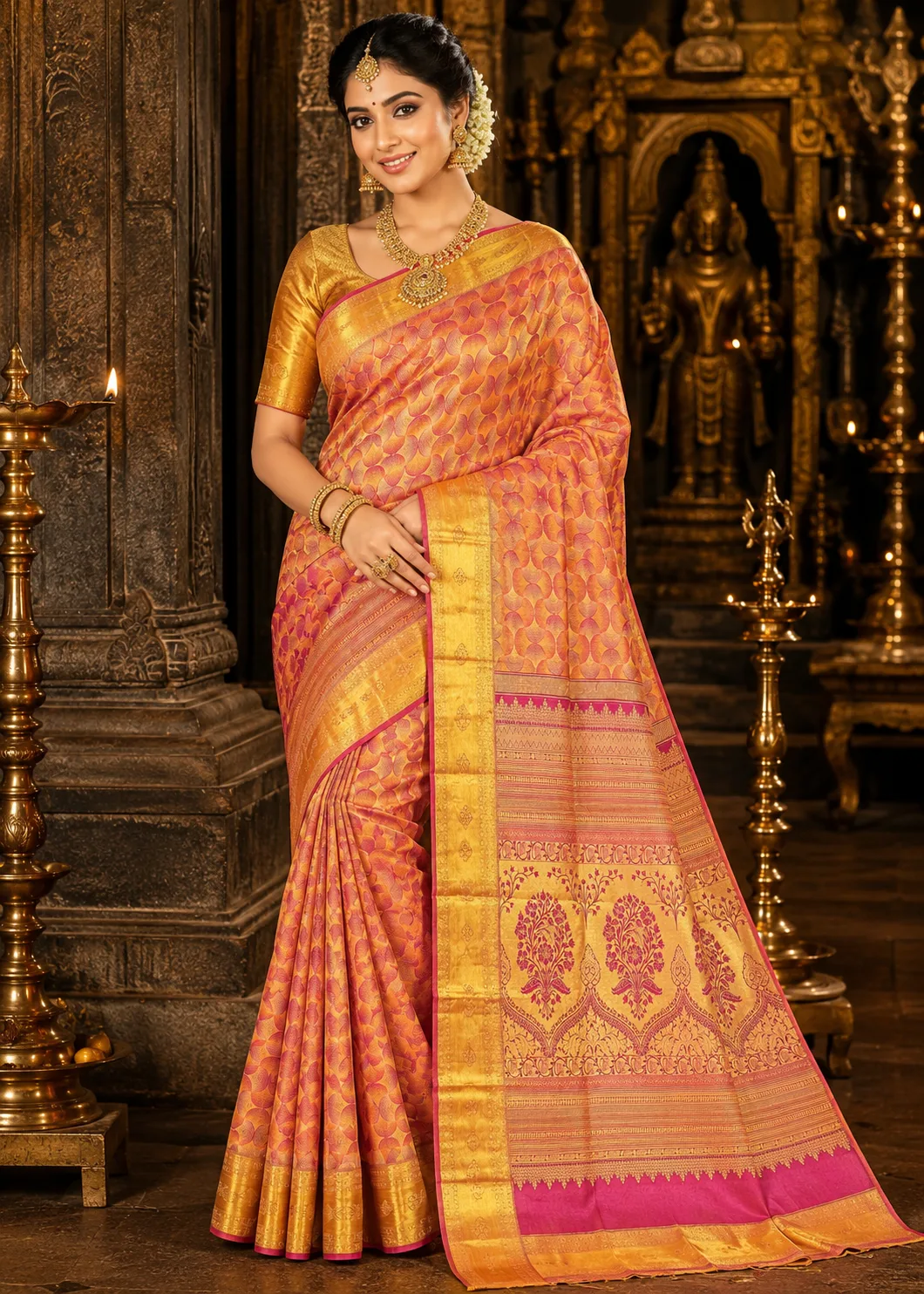 Copper Gold With Magenta Brocade Pure Silk Saree
