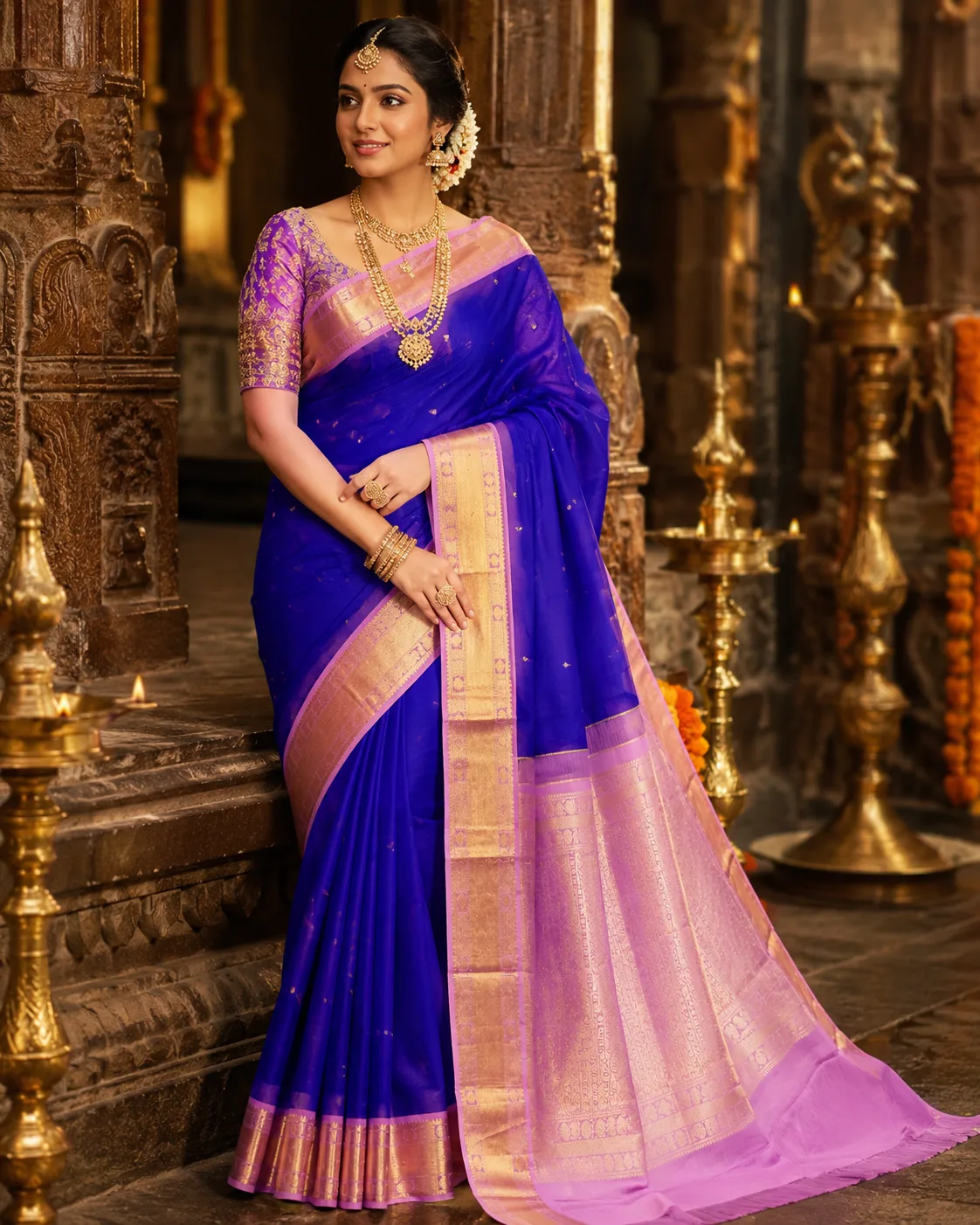 Royal Blue Butta Small Pure Silk Saree with Contras Border