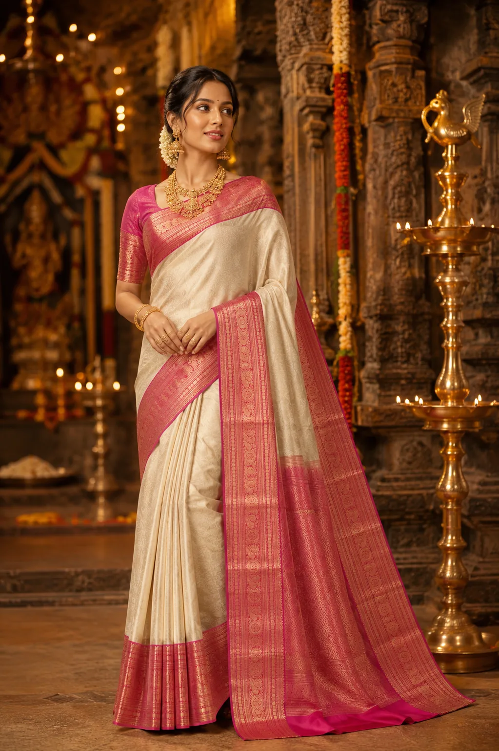 Ivory Cream Brocade Pure Silk Saree with Contras Border