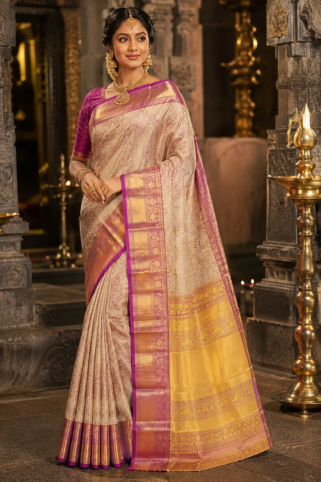 Antique Gold Brocade Zari Pure Tissue Silk Saree