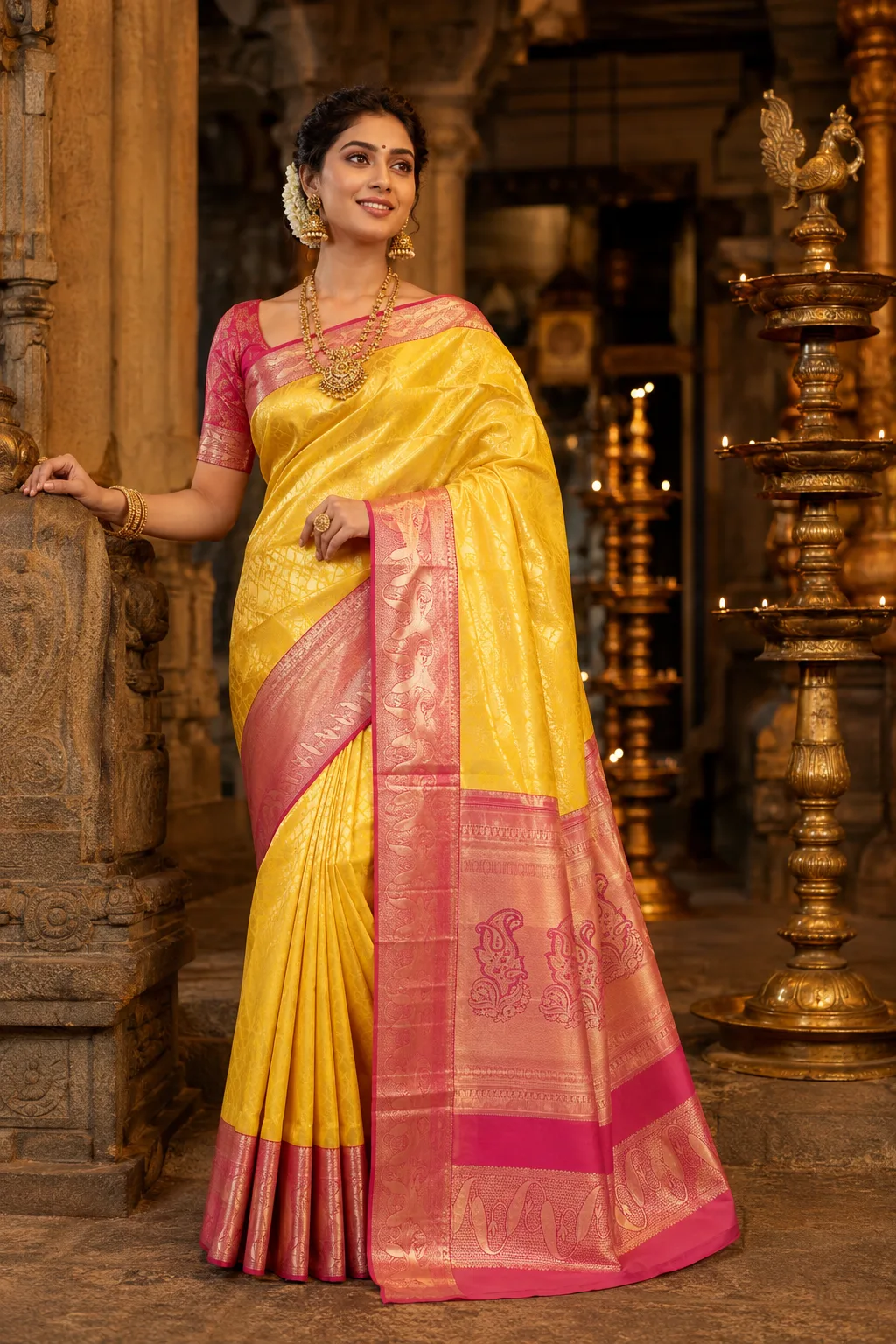 Radiant Lemon Yellow Brocade Pure Silk Saree with Contras Border