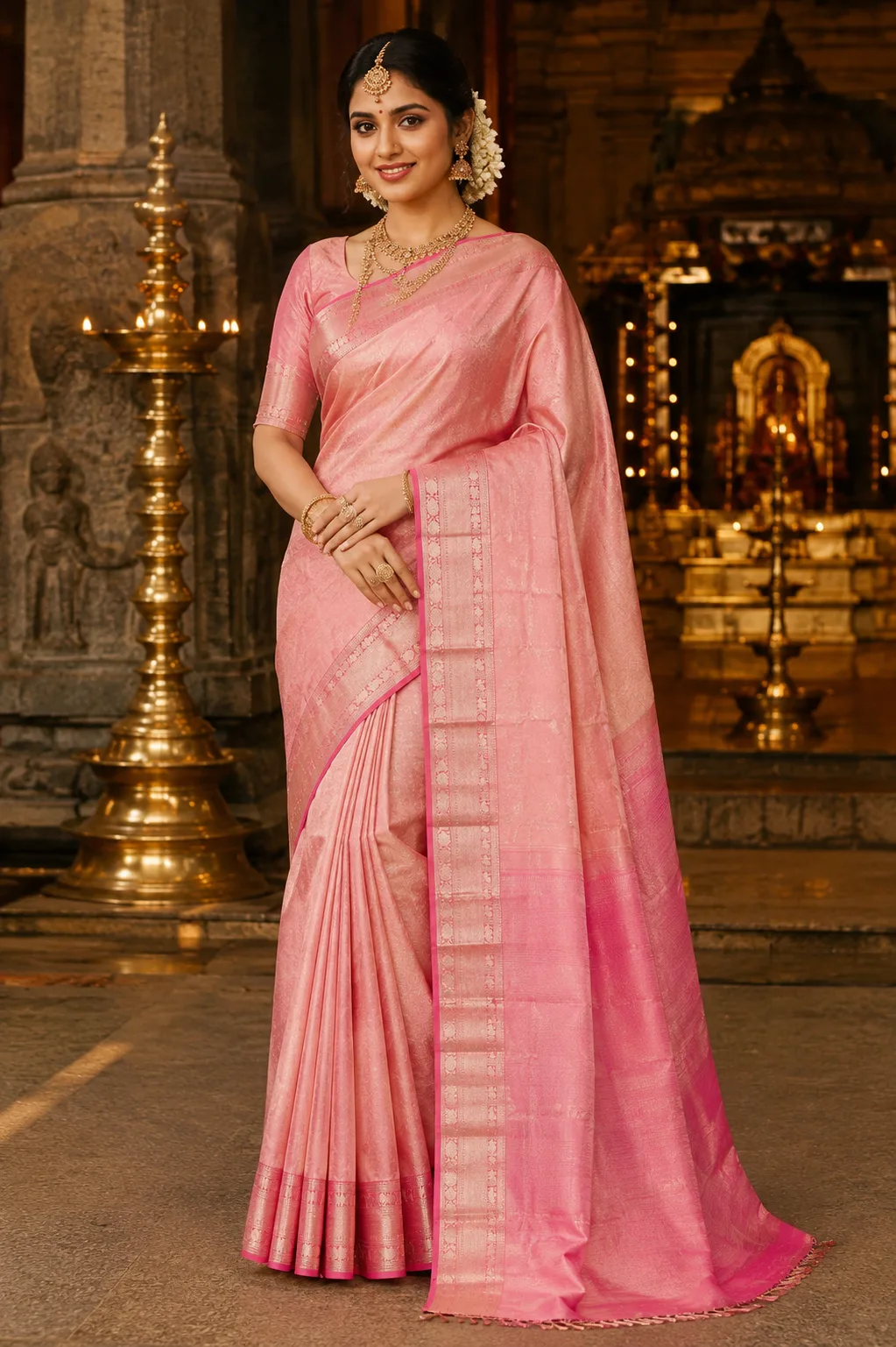 Soft Pink Blush Brocade Pure Silk Saree with Contras Border