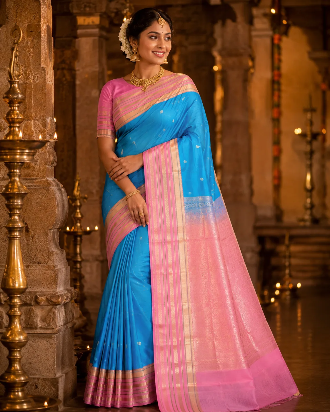 Sky Blue Butta Pure Silk Saree with Contras Border