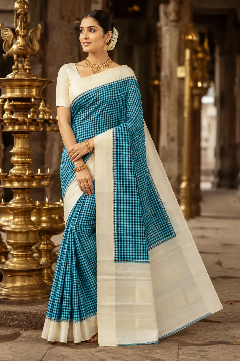 Deep Teal Blue Checks  Checks Normal Pure Silk Saree with Contras Border