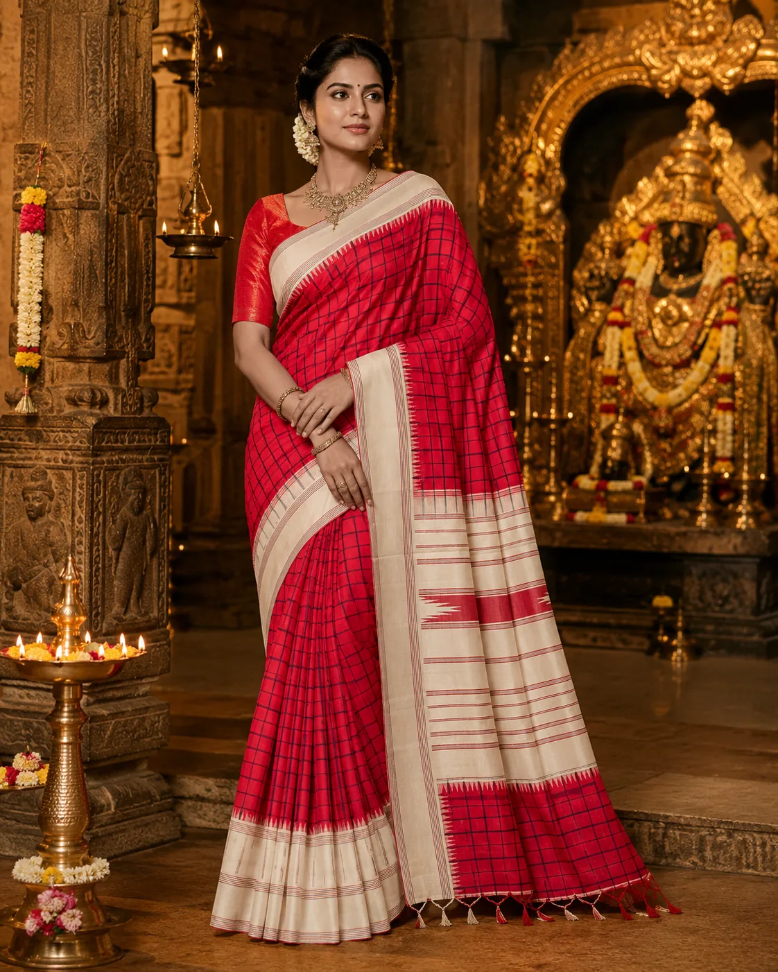 Bright Crimson Pink  Checks Normal Pure Silk Saree with Contras Border