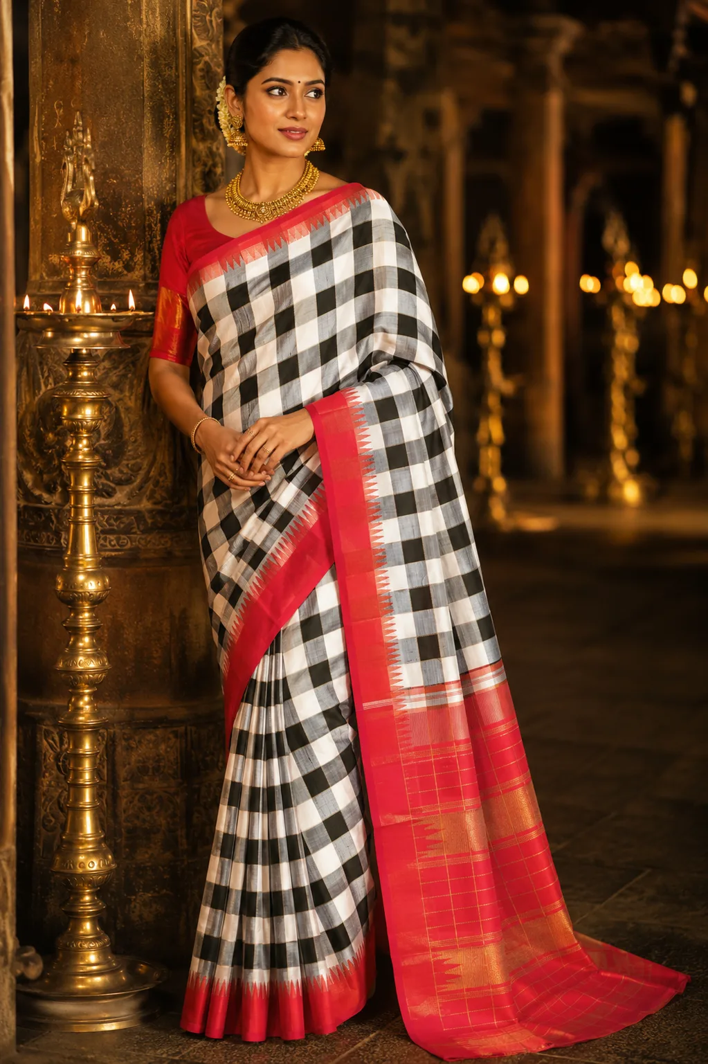 Ivory And White Checks Checks Normal Pure Silk Saree with Contras Border