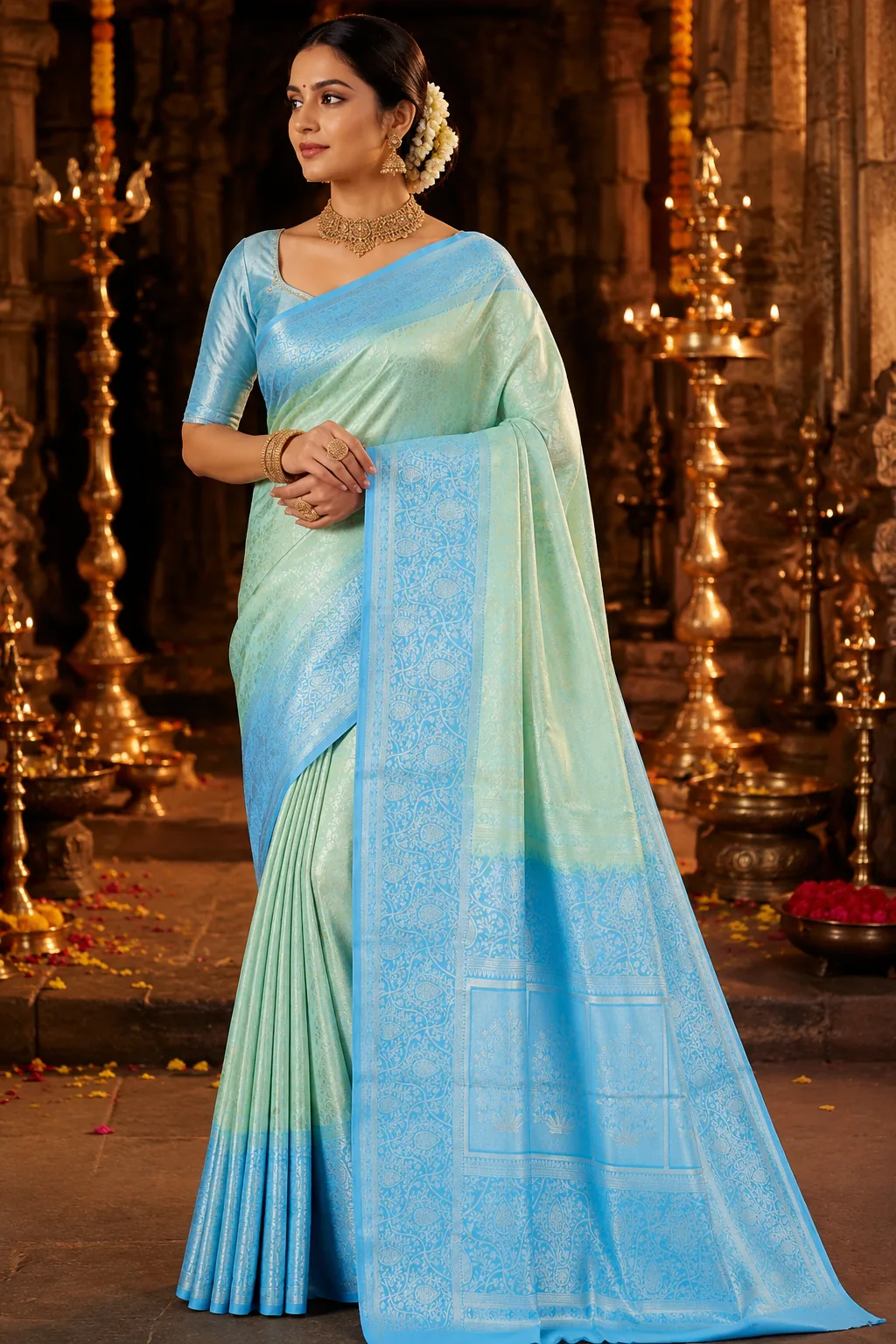 Mint Icy Green  Brocade Pure Silk Saree with Contras Border