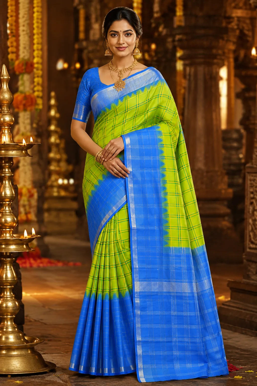 Neon Lime Green  Checks Pure Silk Saree with Contras Border