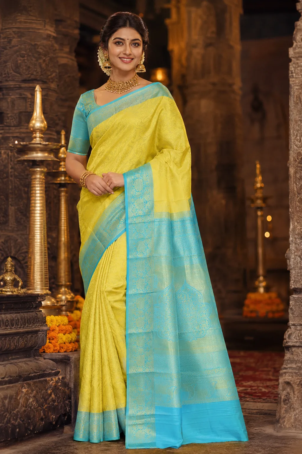 Pastel Lemon Yellow Brocade Pure Silk Saree with Contras Border
