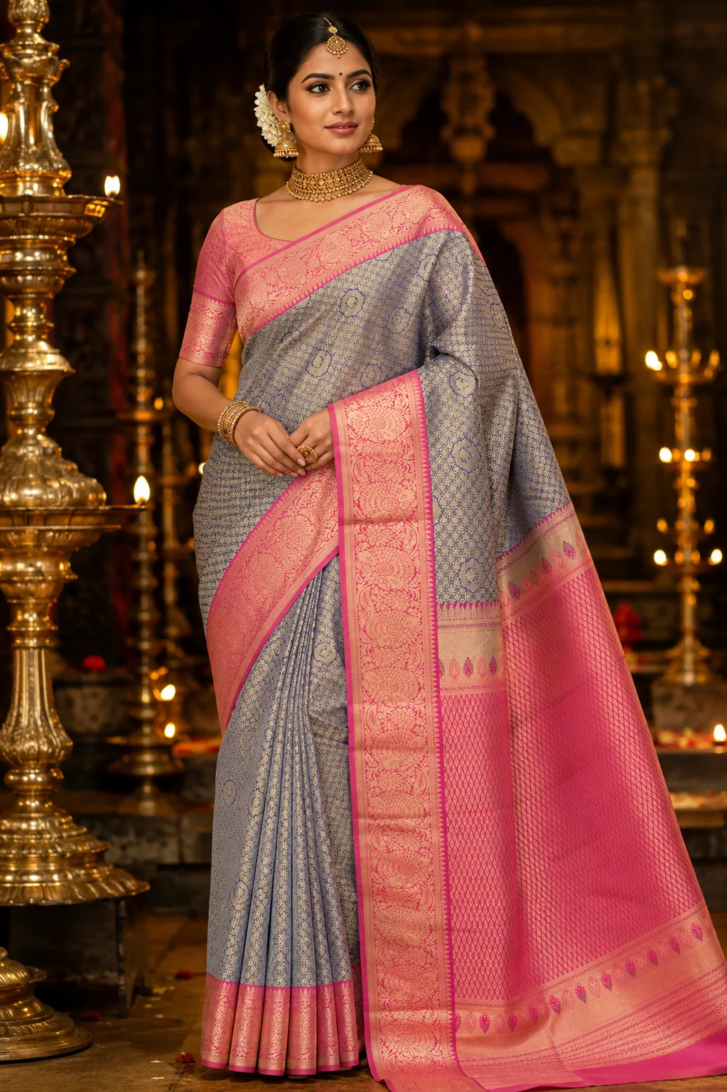 Royal Indigo Blue  Brocade Pure Silk Saree with Contras Border