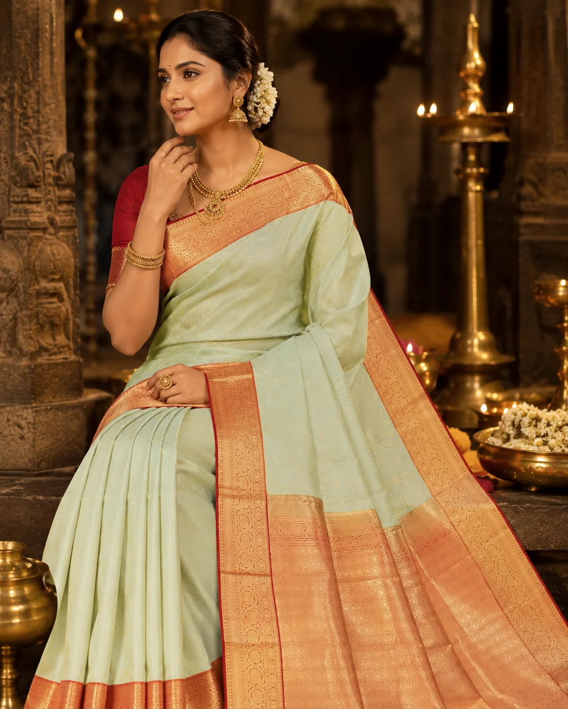 Ivory Cream Brocade Pure Silk Saree with Contras Border