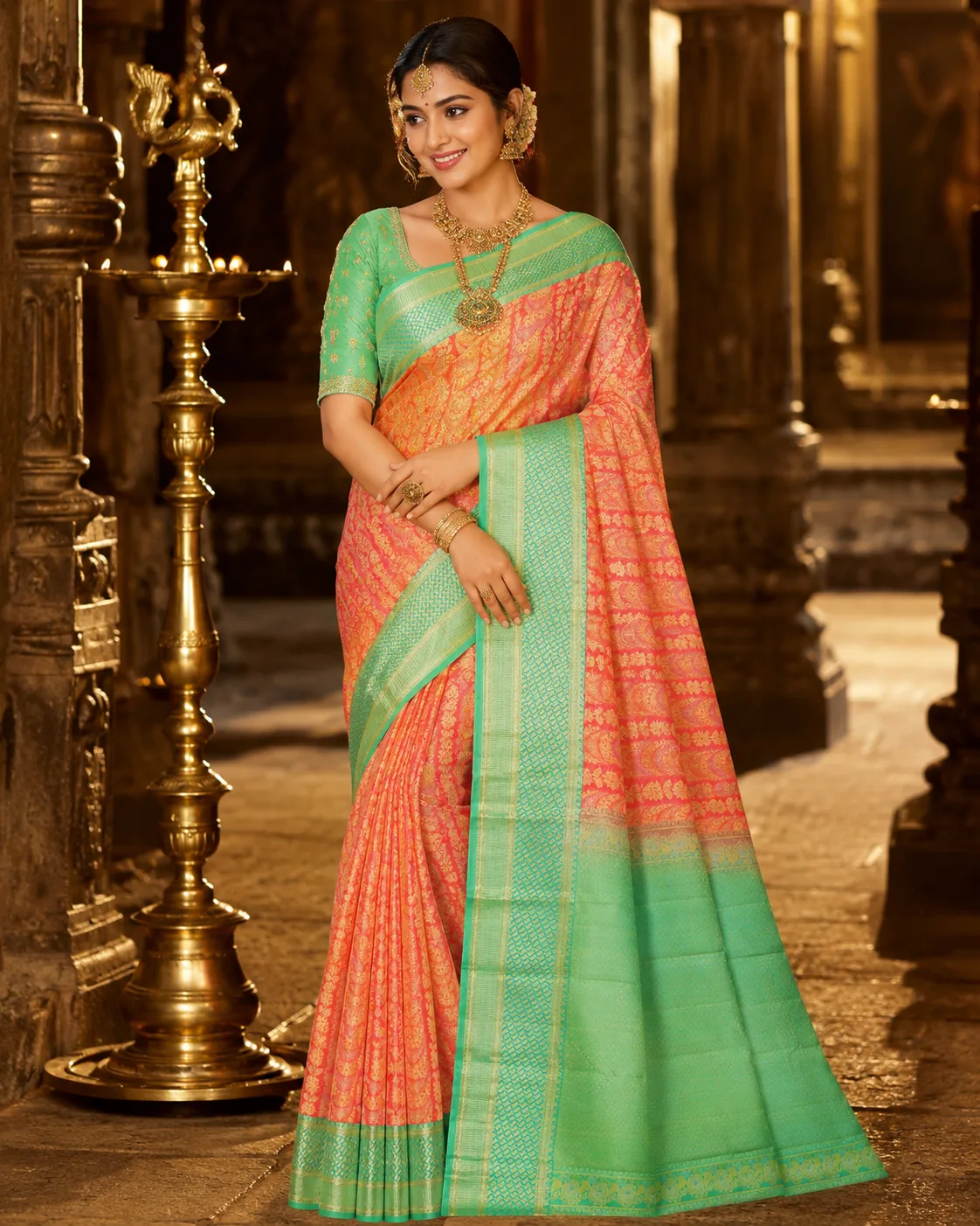 Coral Peach Brocade Pure Silk Saree with Contras Border