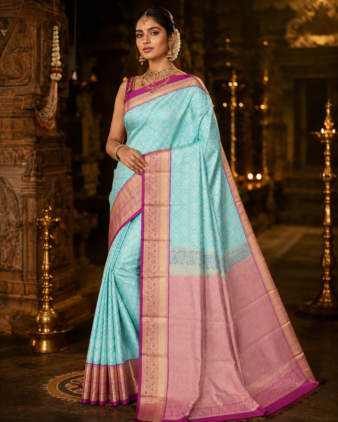 Sky Blue Brocade Pure Silk Saree with Contras Border