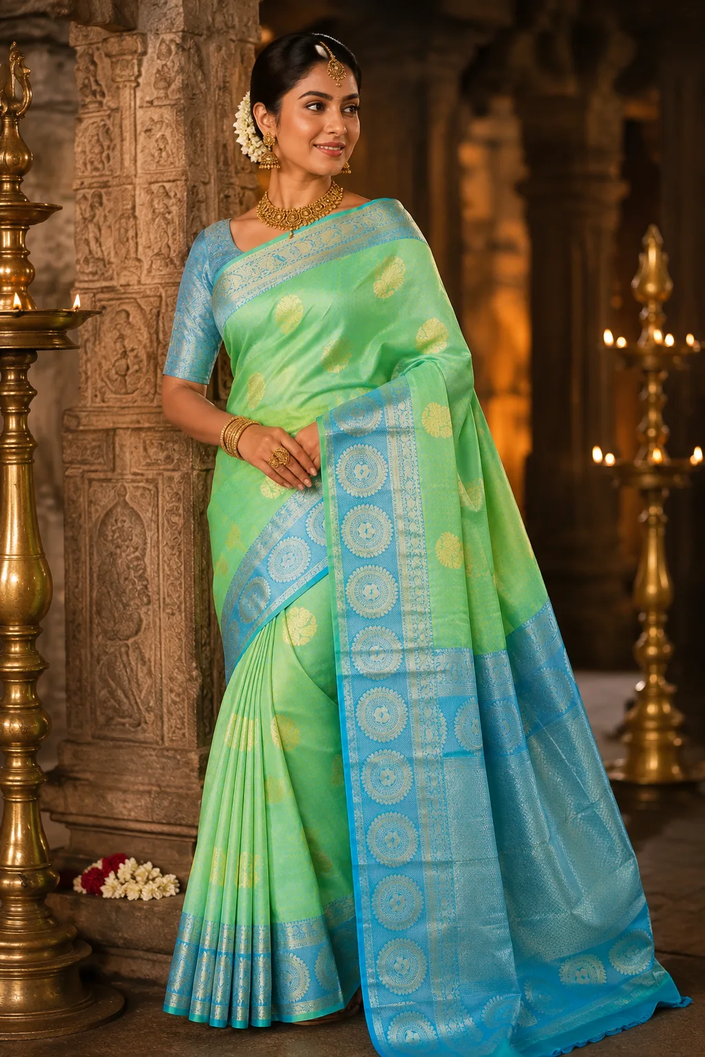Pastel Lime Green Butta Pure Silk Saree with Contras Border