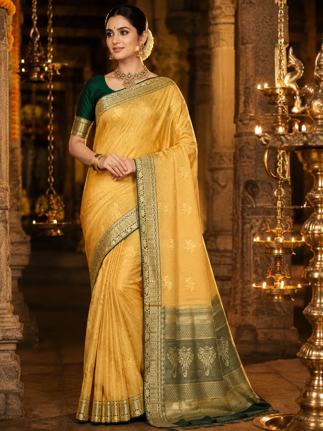 Radiant Marigold Yellow Brocade Pure Silk Saree with Contras Border