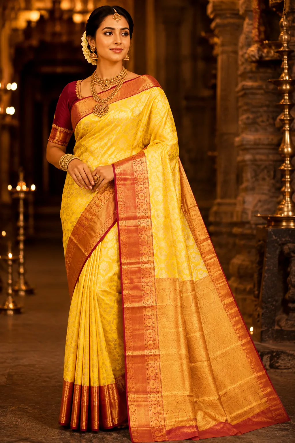 Radiant Marigold Yellow Brocade Pure Silk Saree with Contras Border