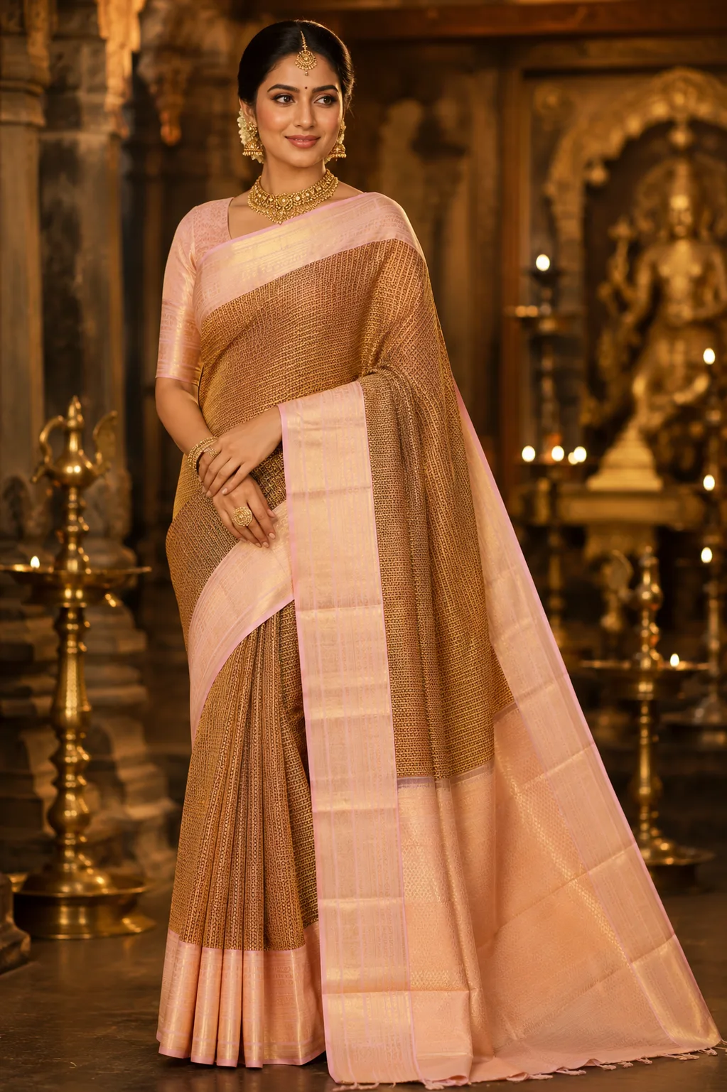Chocolate Brown Brocade Pure Silk Saree with Contras Border