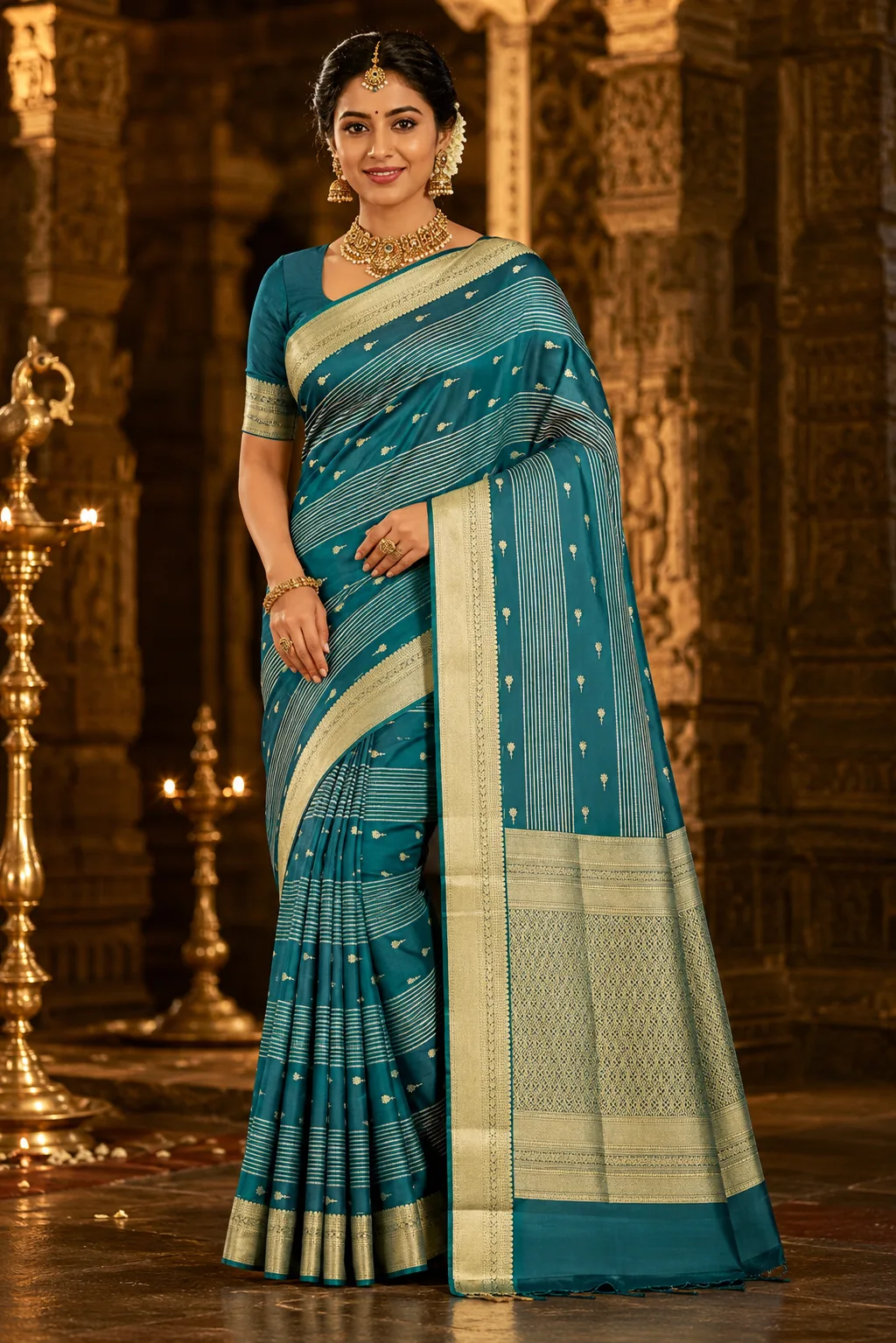 Teal Blue Lines Butta Pure Silk Saree