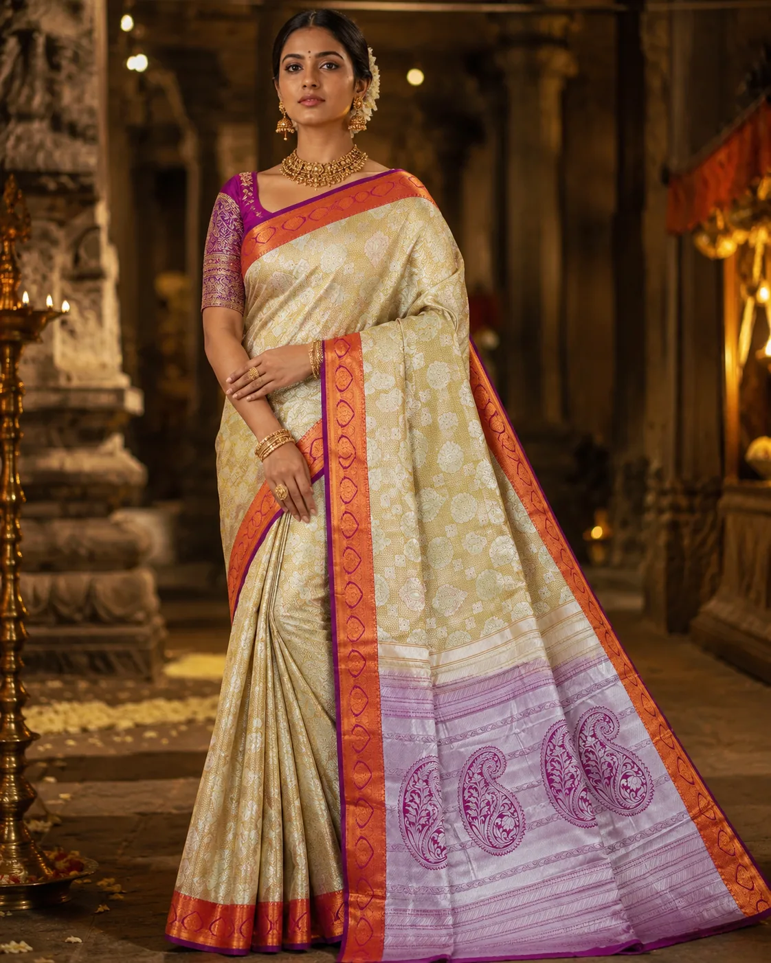 Antique Gold Brocade Pure Silk Saree with Contras Border