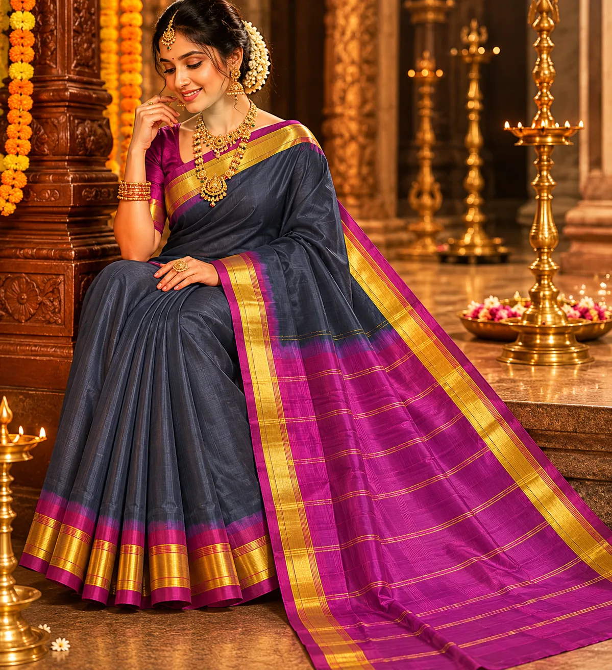 Charcoal Black Plain Pure Silk Saree with Contras Border