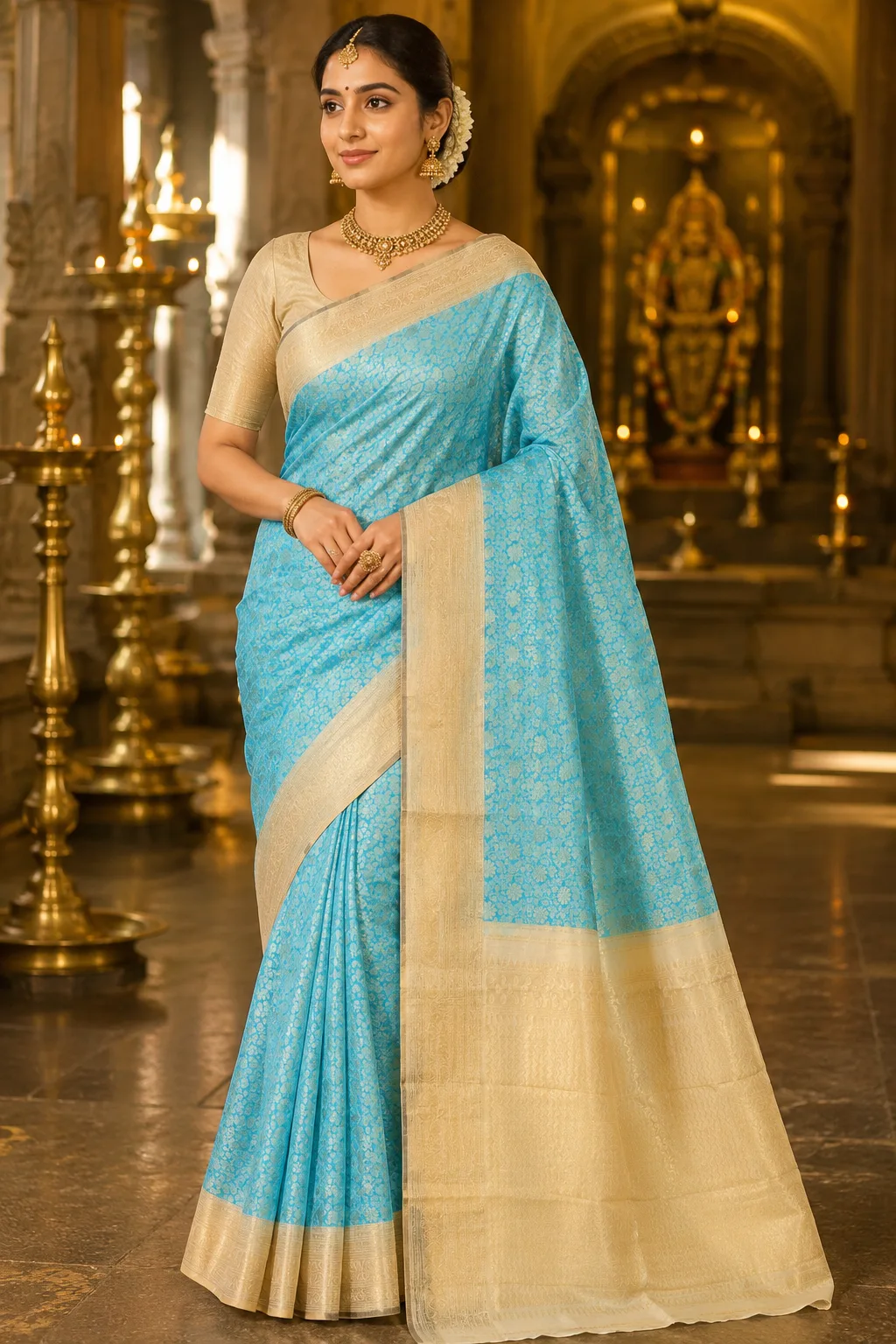Aqua Blue Brocade Pure Silk Saree with Contras Border