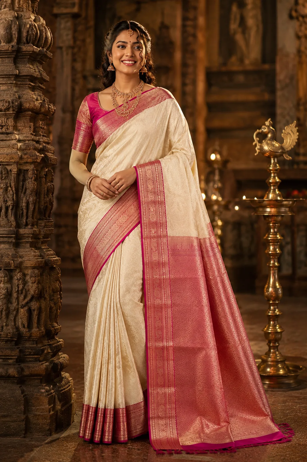 Ivory Cream Brocade Pure Silk Saree with Contras Border