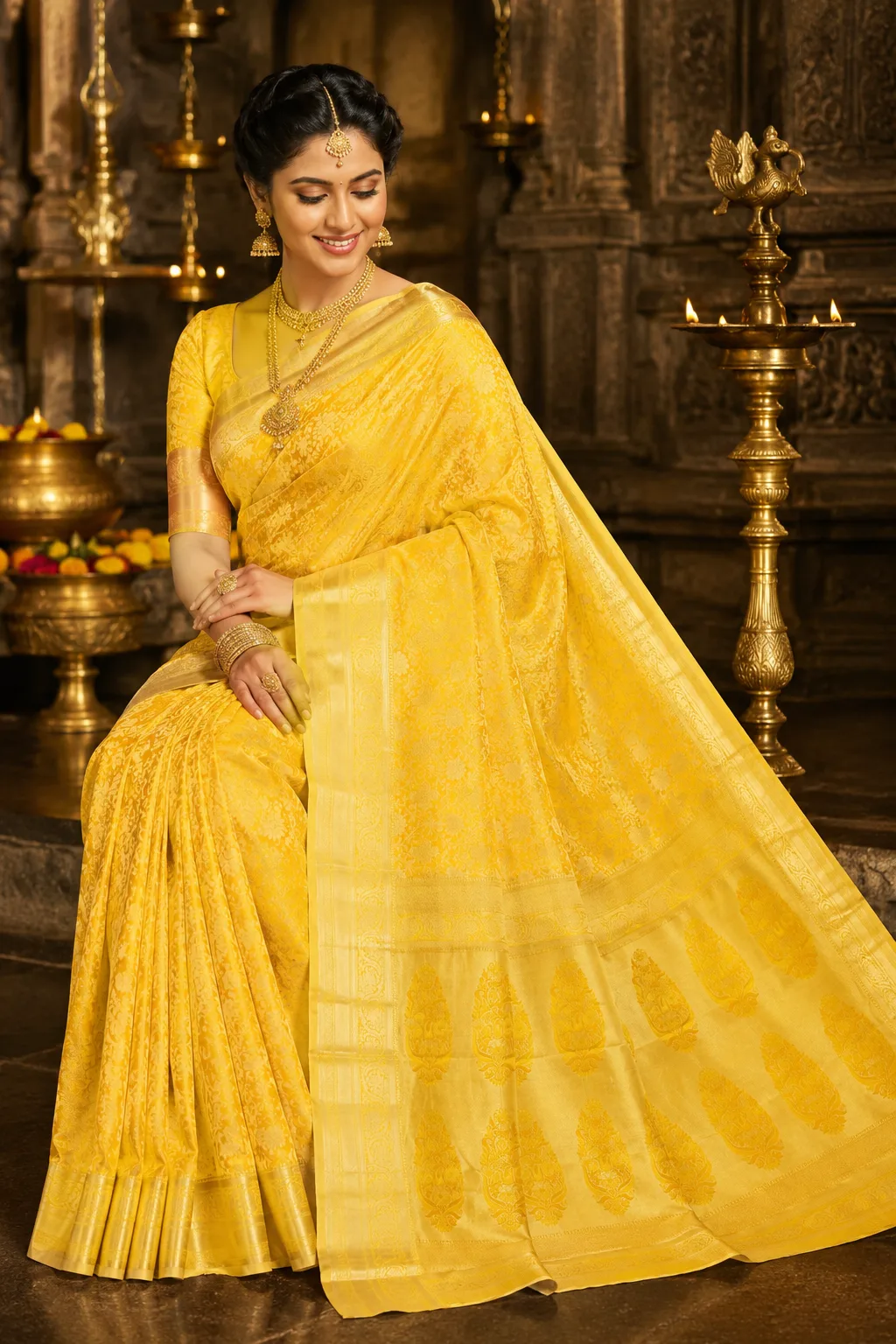 Radiant Marigold Yellow Brocade Pure Silk Saree
