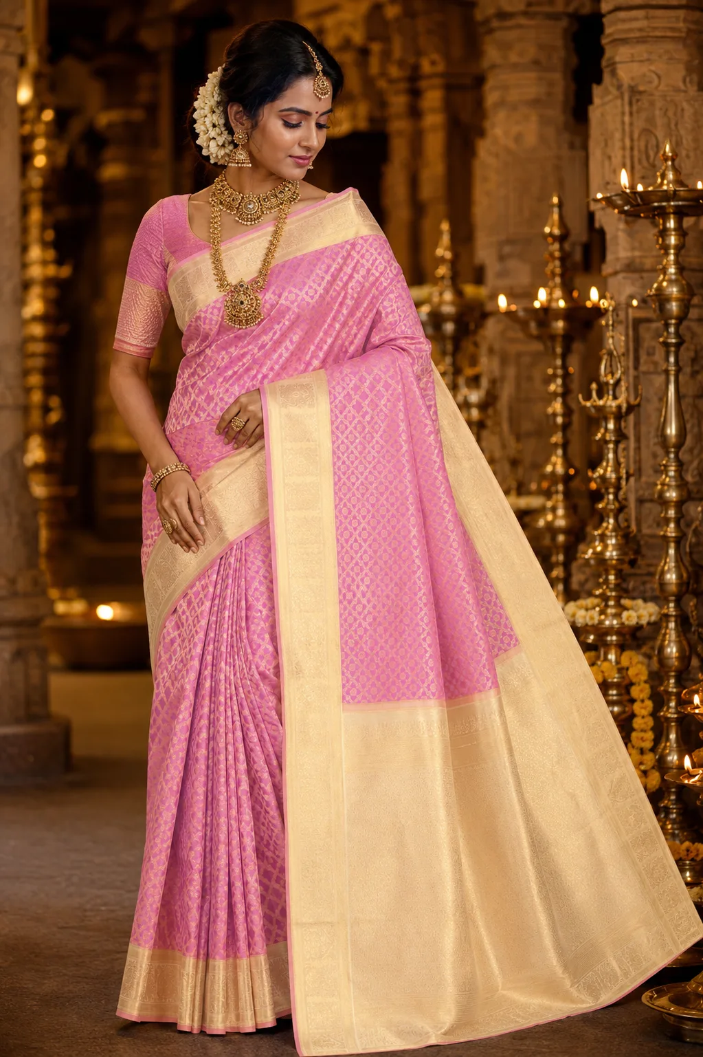 Candy Pink Brocade Pure Silk Saree with Contras Border