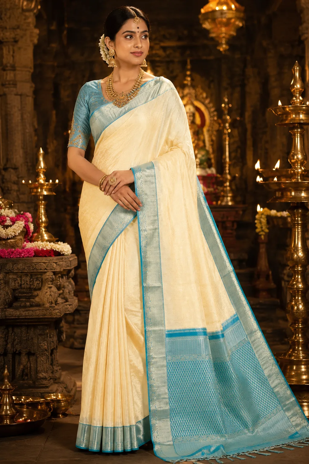 Ivory Cream Brocade Pure Silk Saree with Contras Border