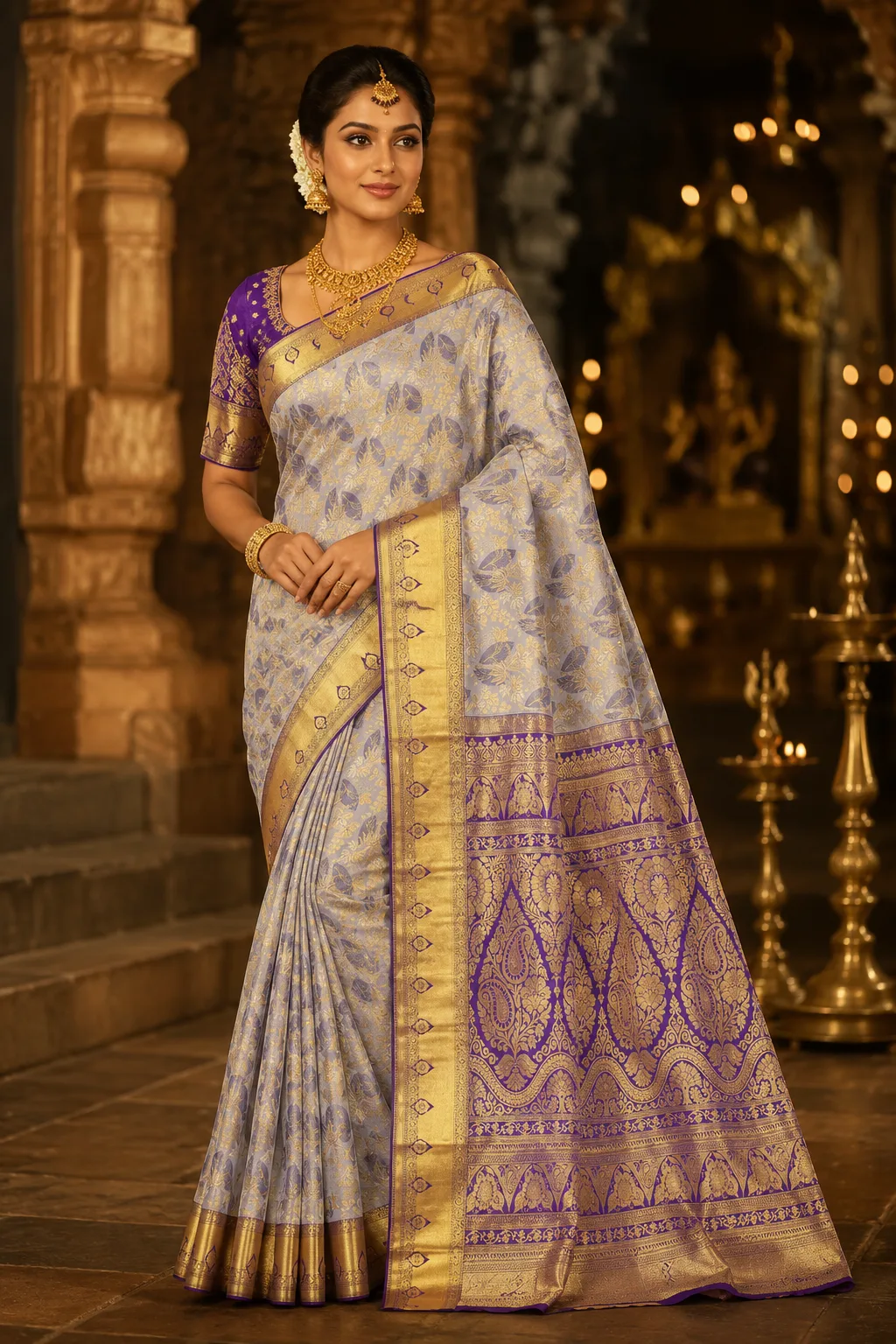 Pastel Lavender Brocade Pure Silk Saree with Contras Border