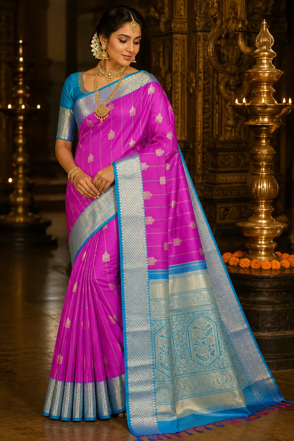 Royal Rani Pink Lines Butta Pure Silk Saree with Contras Border