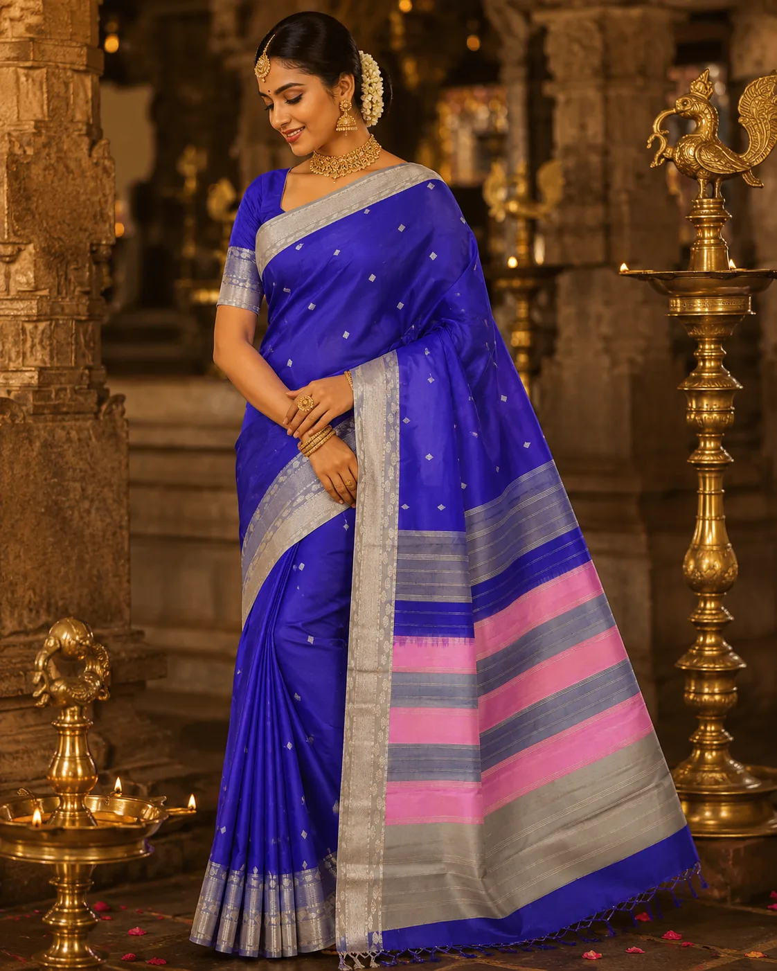 Royal Blue Butta Small Pure Silk Saree with Contras Border