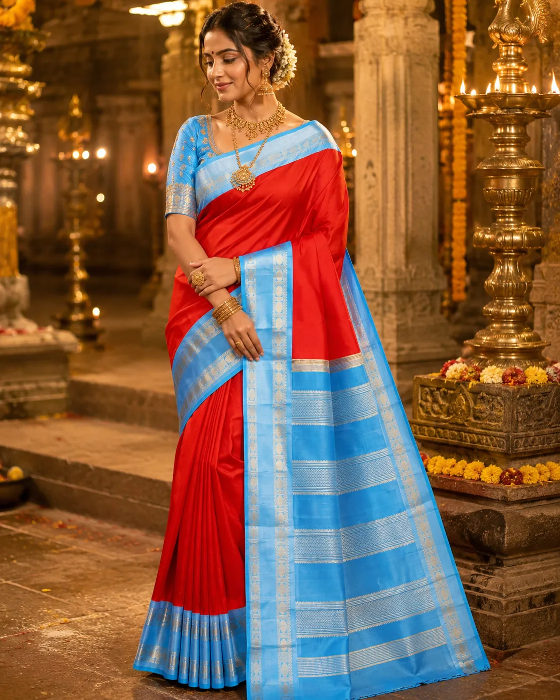 Vermillion Red Madisar Pure Silk Saree with Contras Border