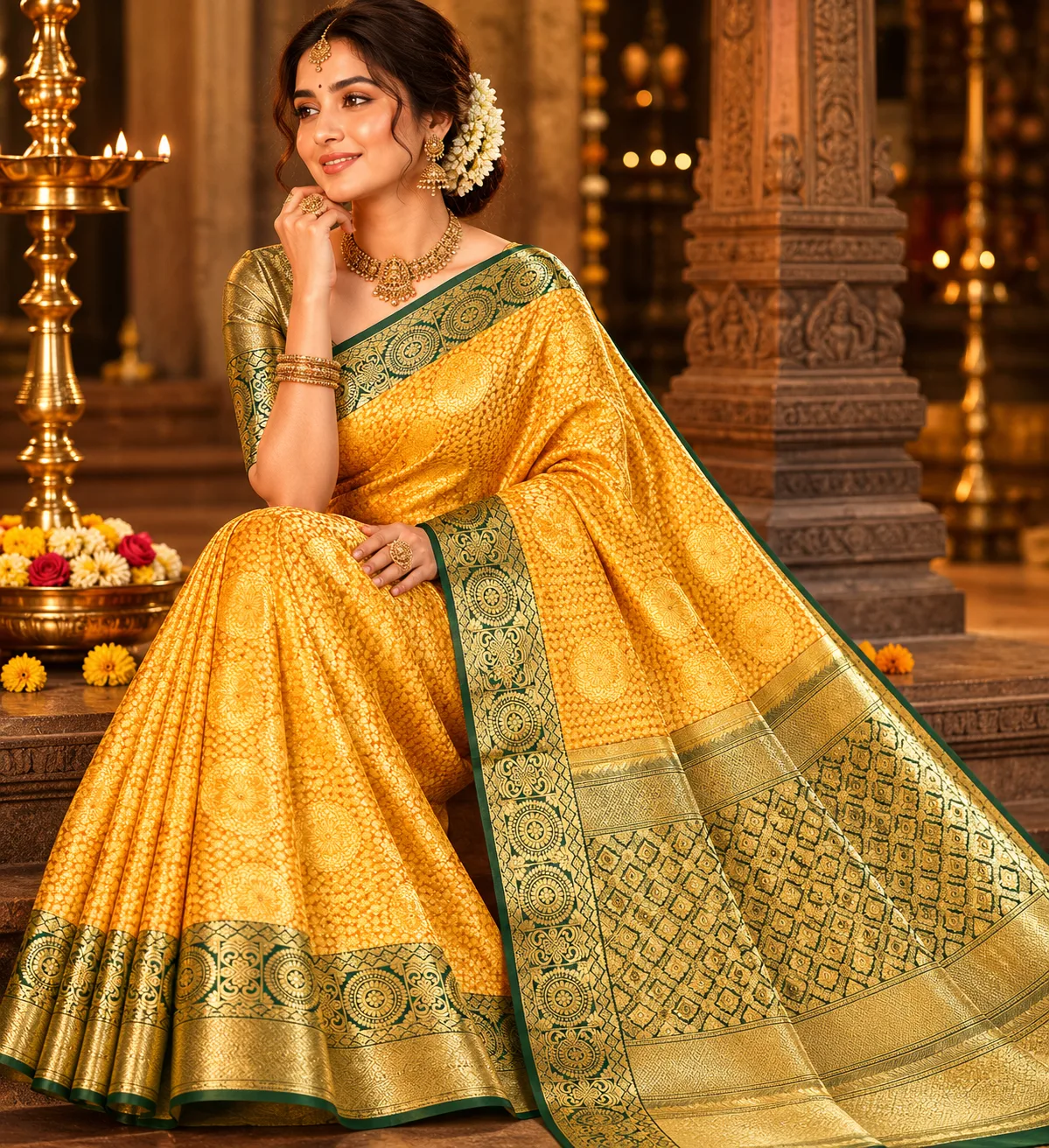 Golden Mustard Brocade Pure Silk Saree with Contras Border
