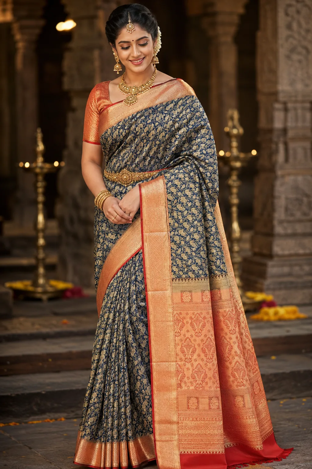 Royal Navy Blue Brocade Pure Silk Saree with Contras Border