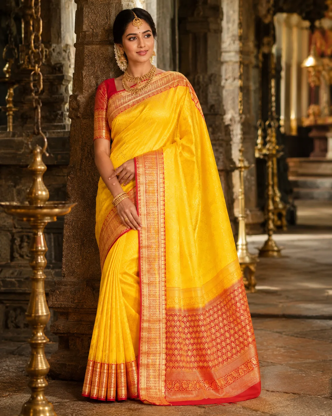 Bright Mango Yellow Brocade Pure Silk Saree with Contras Border