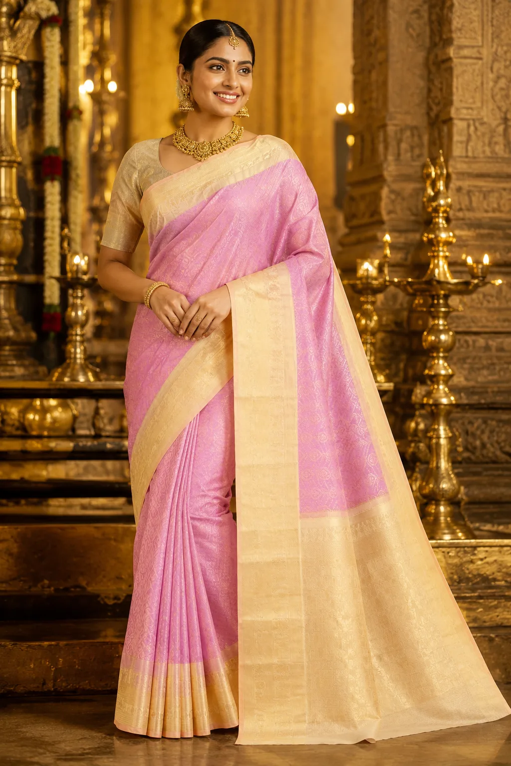 Soft Baby Pink Brocade Pure Silk Saree with Contras Border