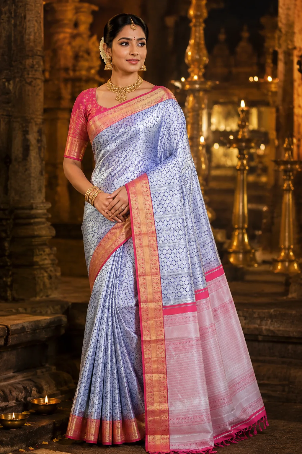 Royal Blue Silver Brocade Pure Silk Saree with Contras Border
