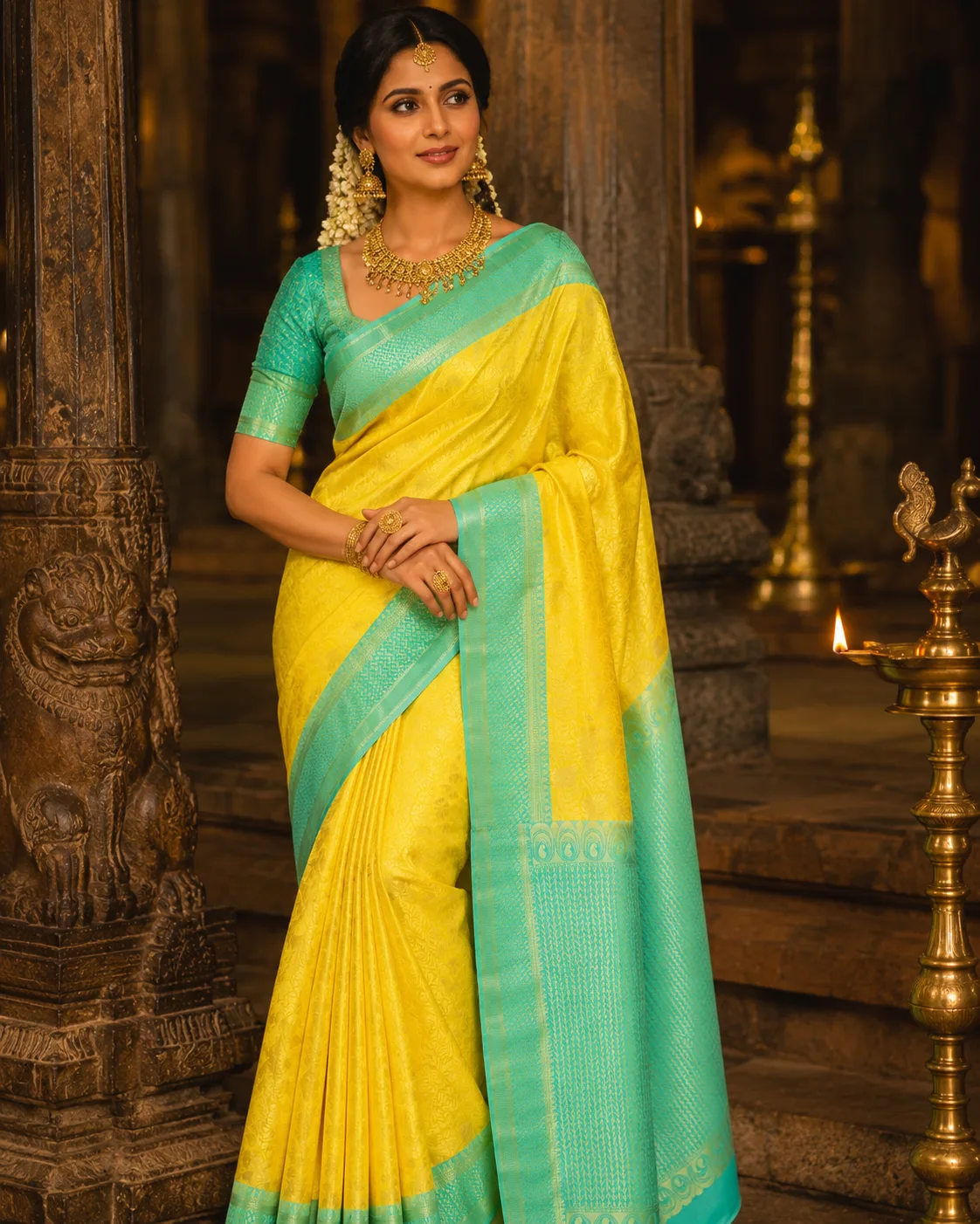 Pastel Lemon Yellow Brocade Pure Silk Saree with Contras Border