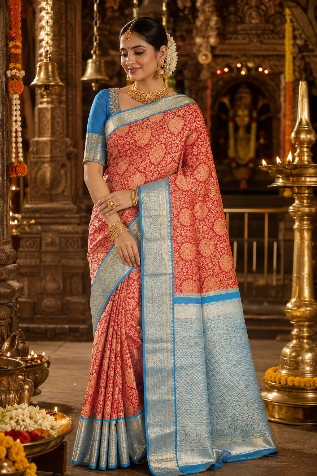 Vermillion Red Brocade Pure Silk Saree with Contras Border