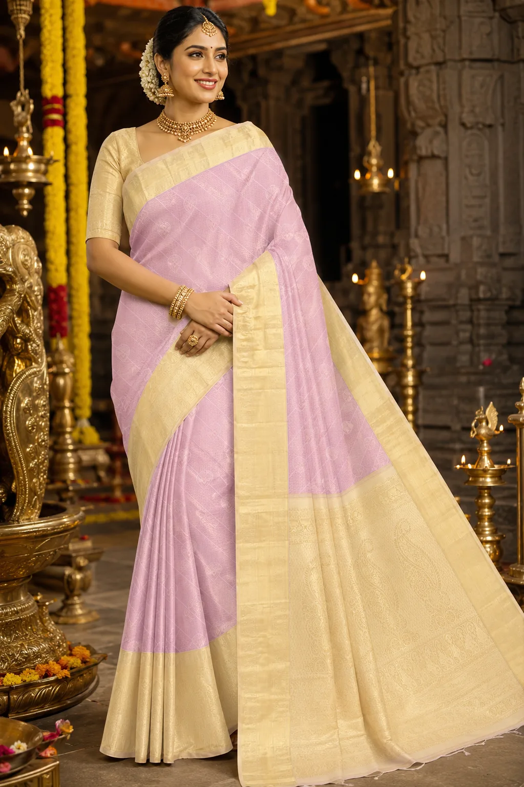 Lavender Pink Brocade Pure Silk Saree with Contras Border