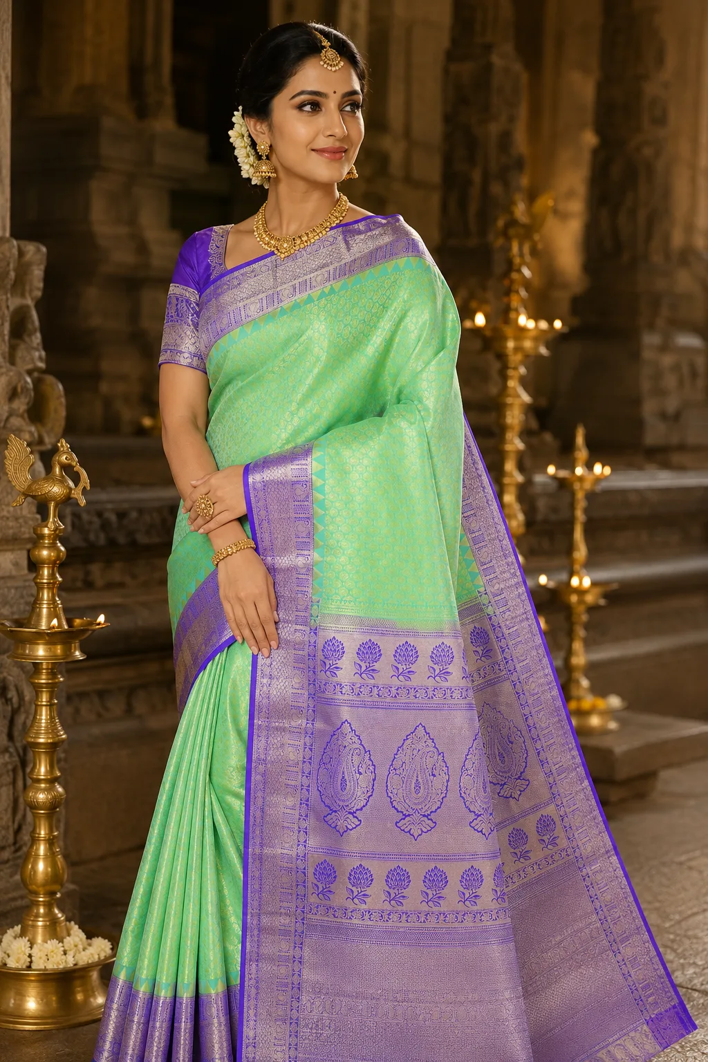 Parrot Lime Green Brocade Pure Silk Saree with Contras Border