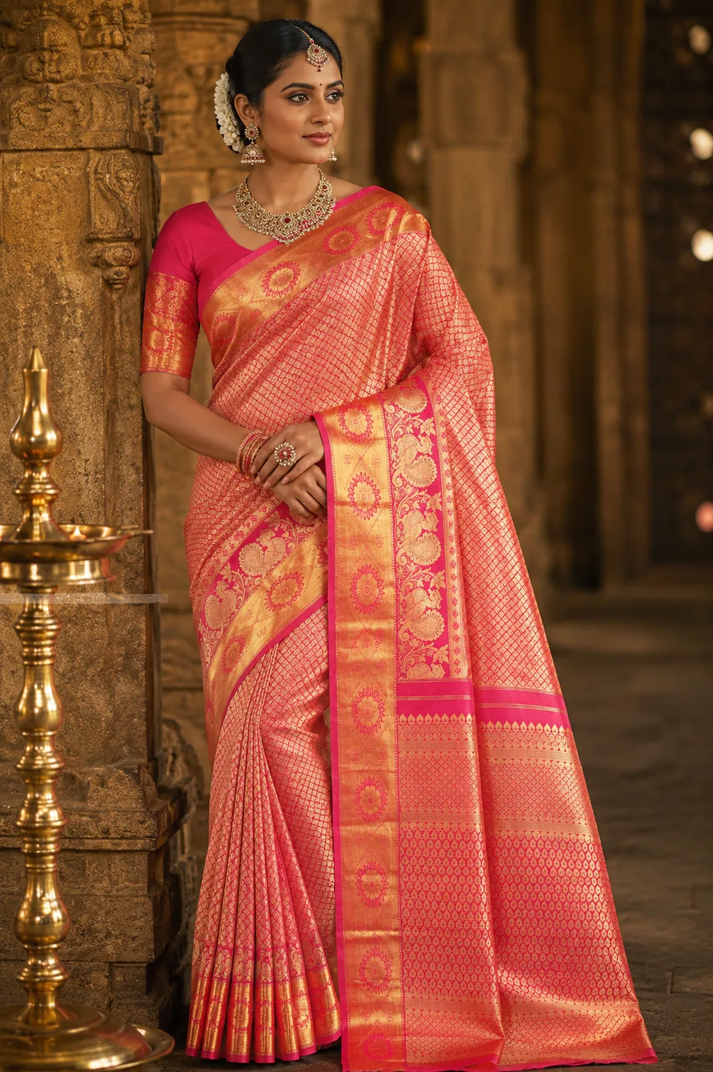 Rani Pink Brocade Dual Border Pure Silk Saree