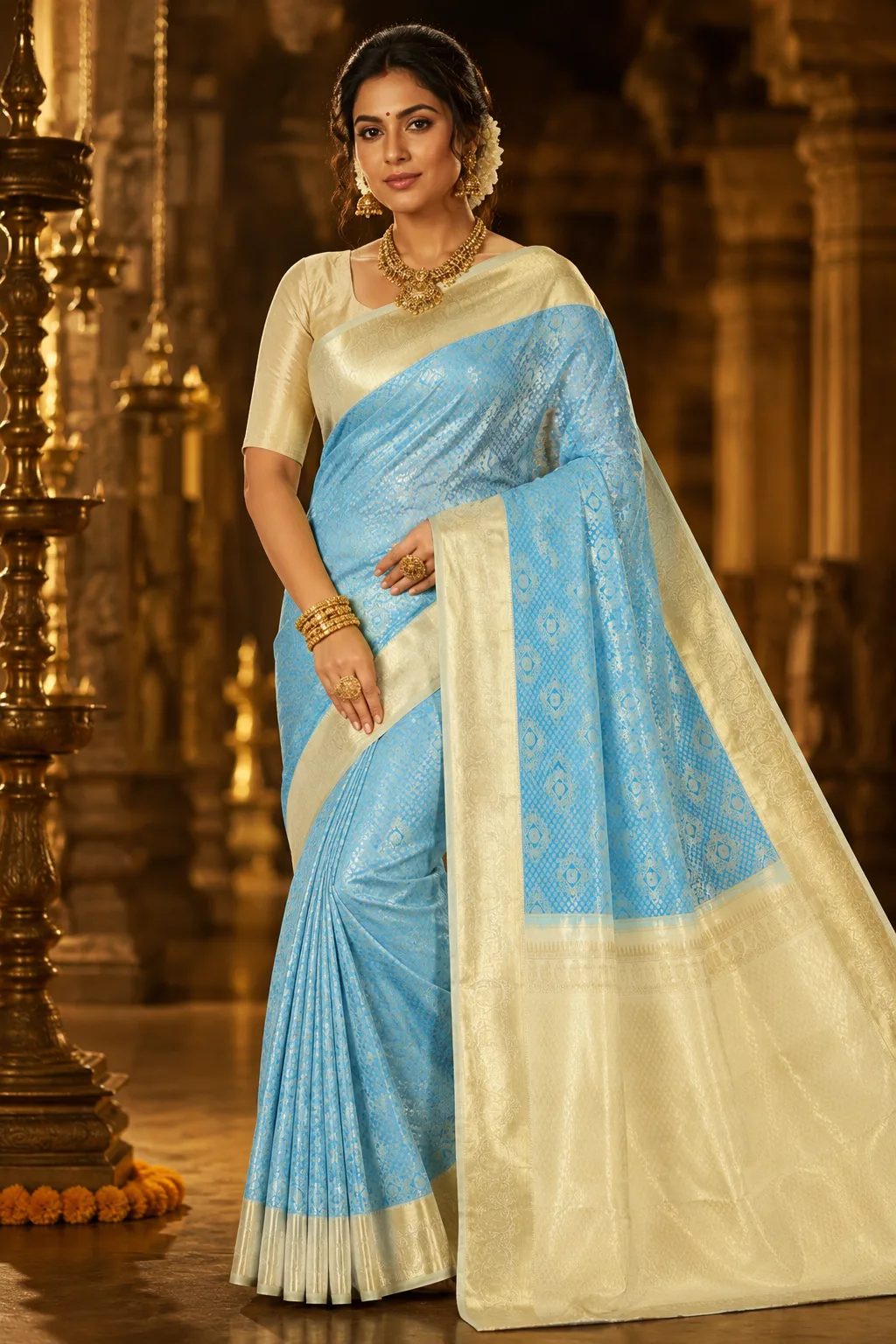 Sky Blue Brocade Pure Silk Saree with Contras Border