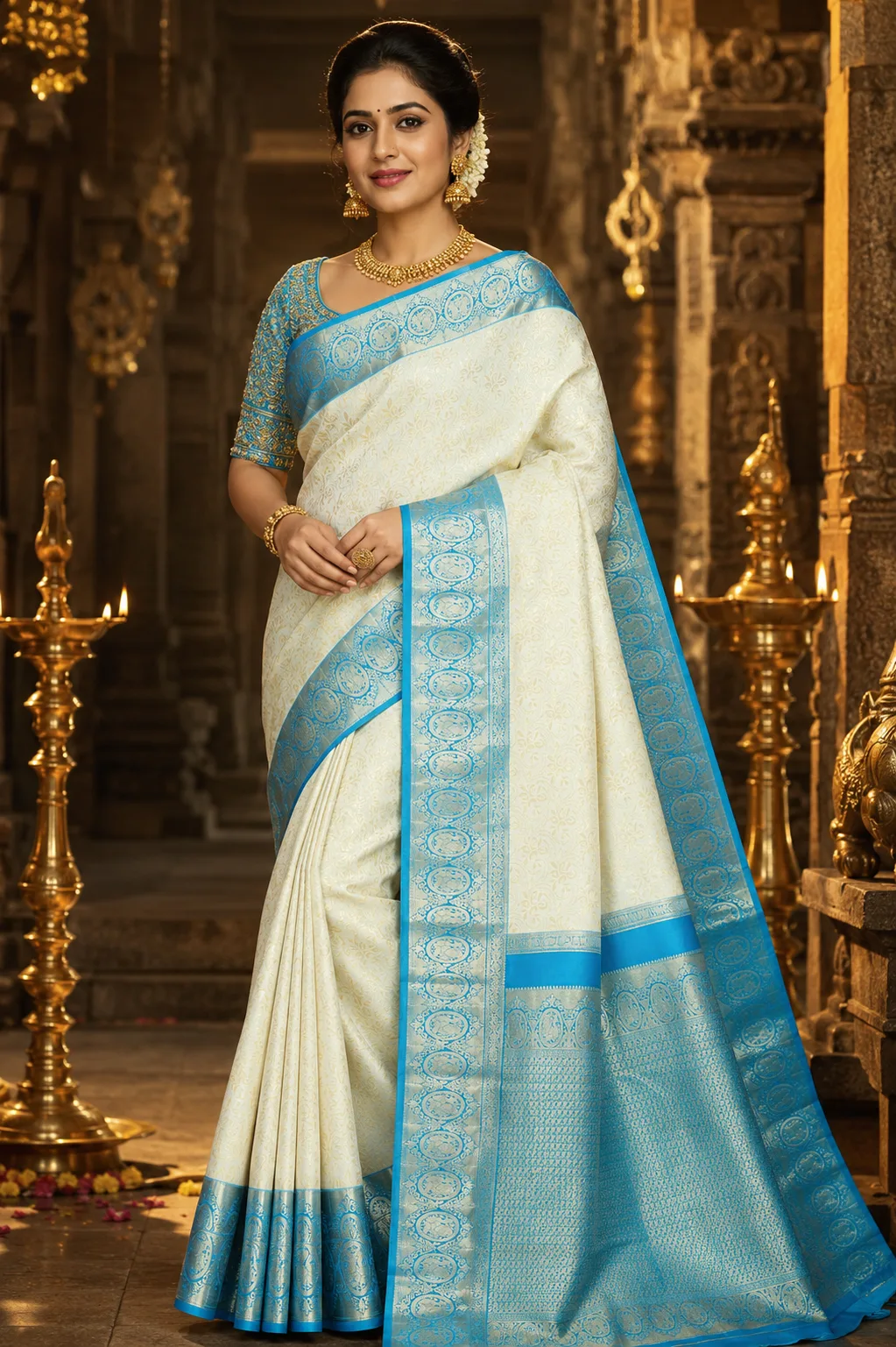 Ivory Cream Brocade Pure Silk Saree with Contras Border